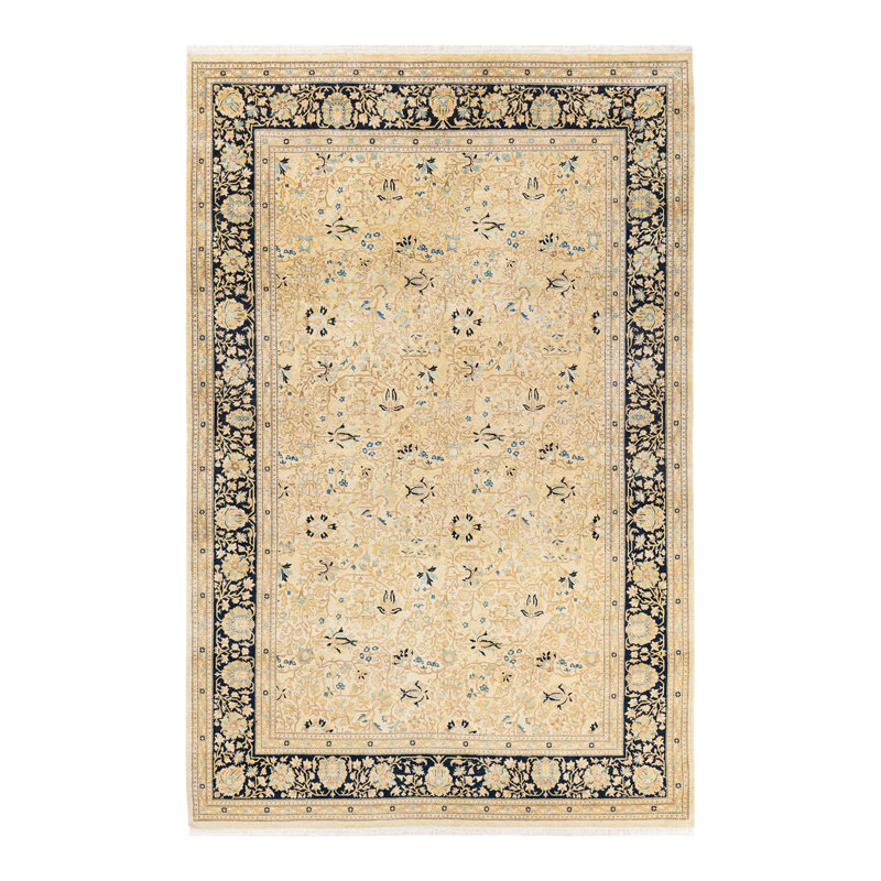 Tapis ivoire / bleu marine noué à la main de conception unique 6 pi 3 po x 9 pi 1 po Keller