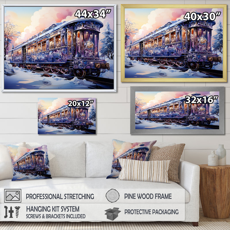 Voyage de Noël en train II - train, art mural, Toile tendue, H 30 po x l 40 po x P 1,5 po