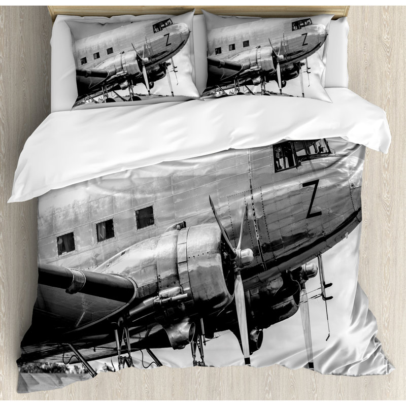 Vintage Airplane Gray and Black Microfiber Queen Duvet Set