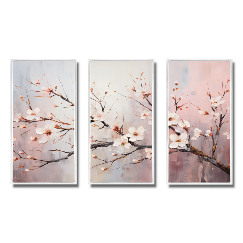 Rose et blanc, charmantes fleurs printanières - fleurs, art mural, Cadre flottant blanc, H 32 po x l 48 po x P 1 po