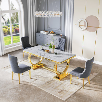 Faux Marble Dining Set with Velvet High-Back Chairs and Stainless Steel U-Pedestal, Modern Dining Table for Kitchen & Dining Room
