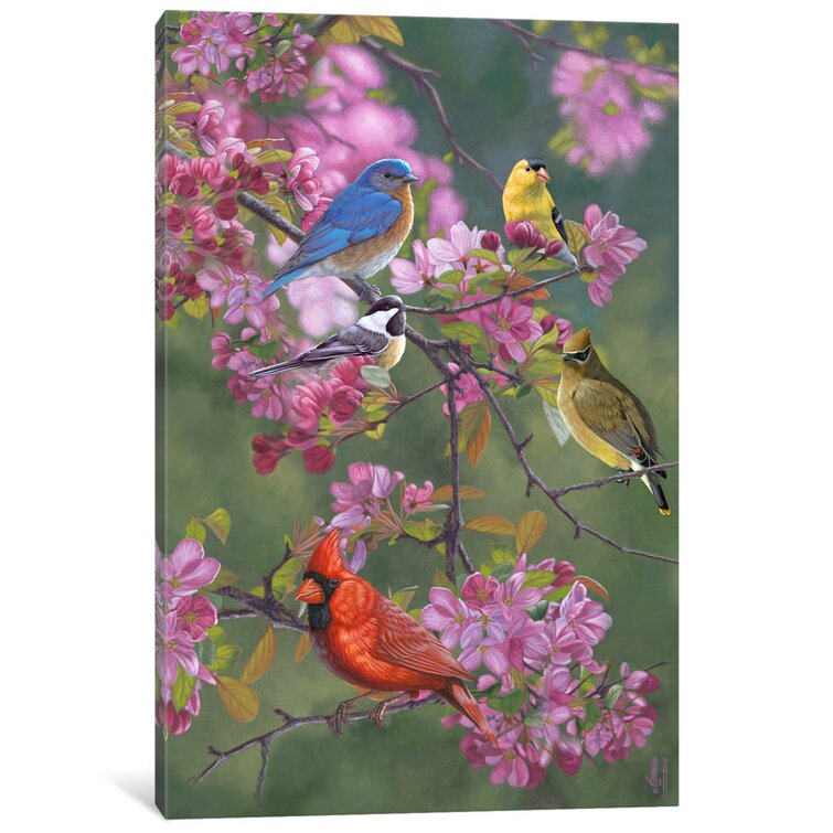 Blue Jay Bird On Bouquet Of Pink Flowers 8 in x 12 in Painting Canvas Art  Print, by Designart