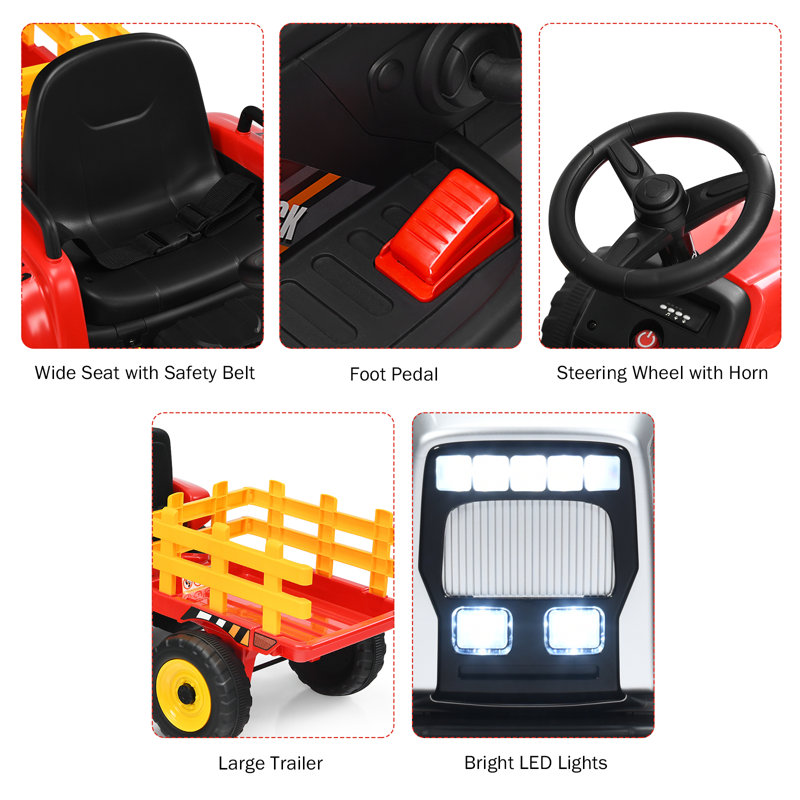 Red 12V Kids Ride-On Tractor with Trailer and Remote Control