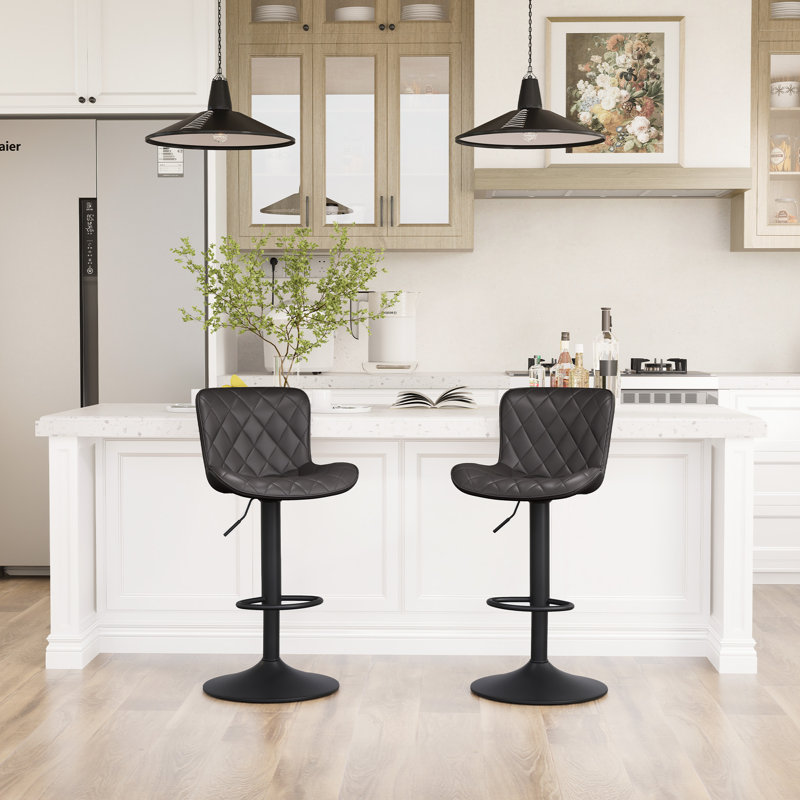 Swivel Adjustable Height Bar Stools, Leather Modern Barstools, Upholstered Counter Stool, Black