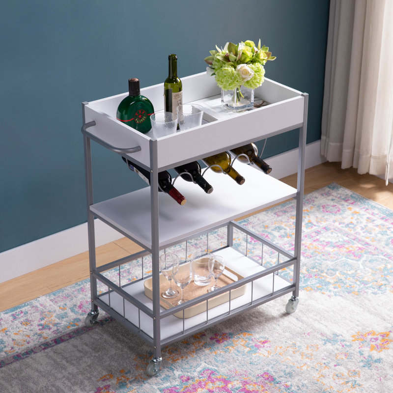 Chariot de cuisine roulant en métal blanc argenté - Tablette à trois niveaux, support pour 4 bouteilles de vin