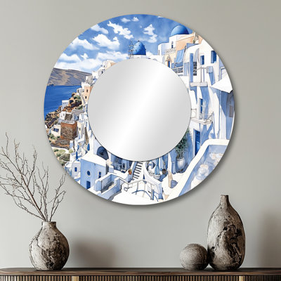 Greek Santorini Odyssey I - Greece Decorative Mirror, Country Large Round Wall Mirror, Printed Metal Art