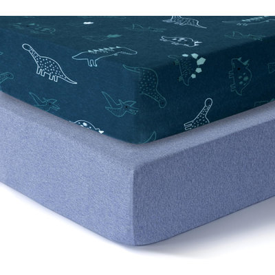 Ensemble de 2 mini-draps pour lit de bébé pour garçons et filles, 100% draps en jersey de coton, draps et housses, mini-draps-housses ajustés 24 x 38 po | Dino et bleu denim