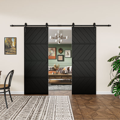 60" x 84" Black Double Modern Wave Design Sliding Barn Door with Installation Hardware Kit(Easy Assembly)