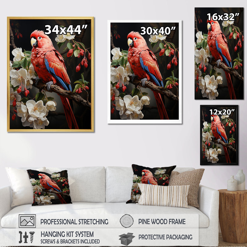 " Red Parrots Lively Radiance ", Gold Single Picture Frame, 20" H x 12" W x 1" D