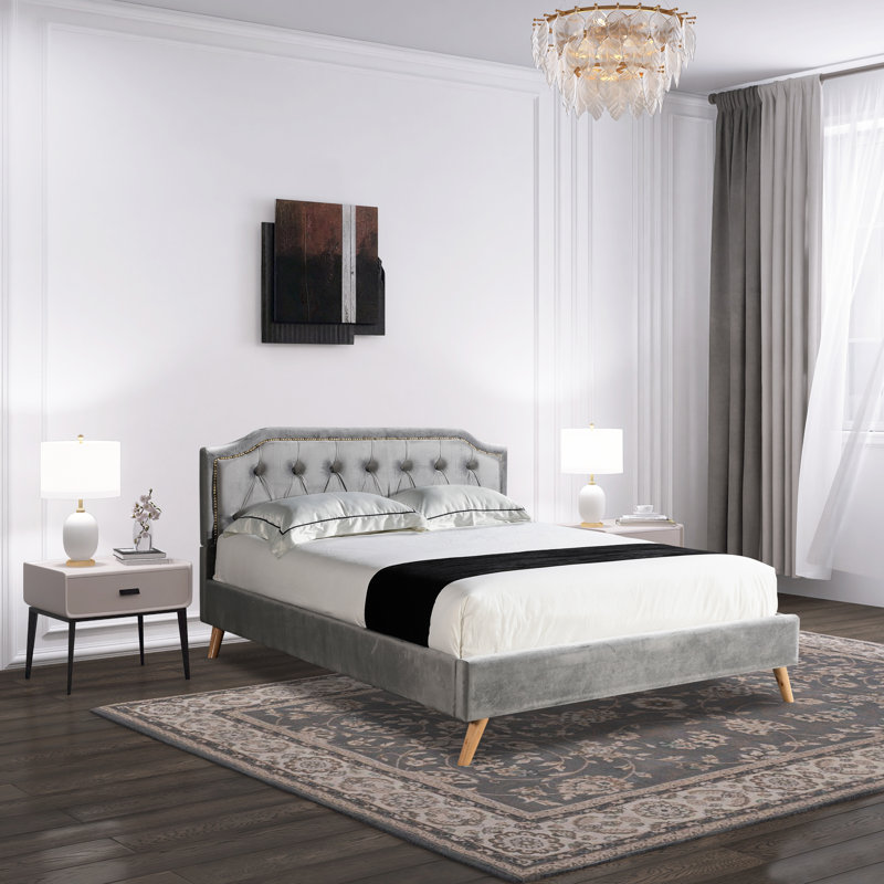 Lit plateforme tapissier capitonné Dilcia, gris, Grand