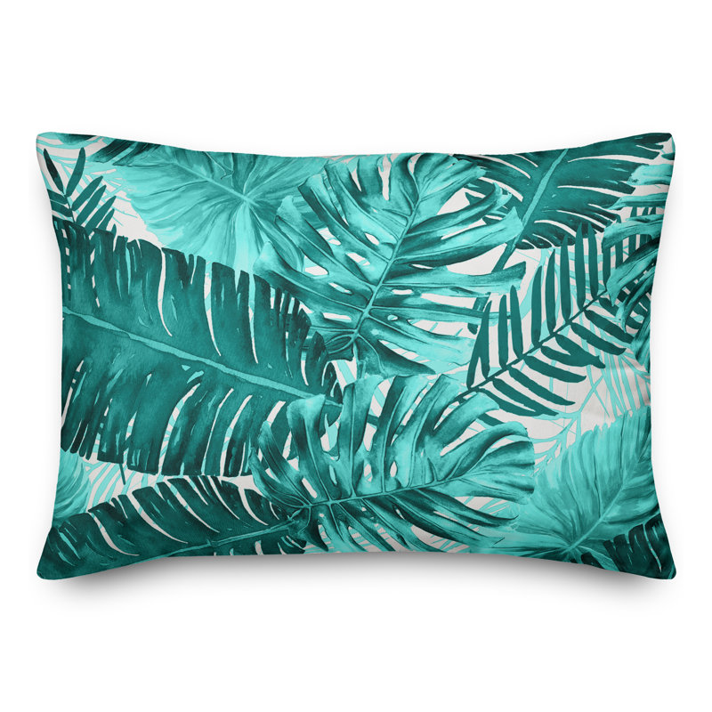  Palm Leaf Indoor/Outdoor Lumbar Pillow, Polyester/Polyfill, White/Firozi
