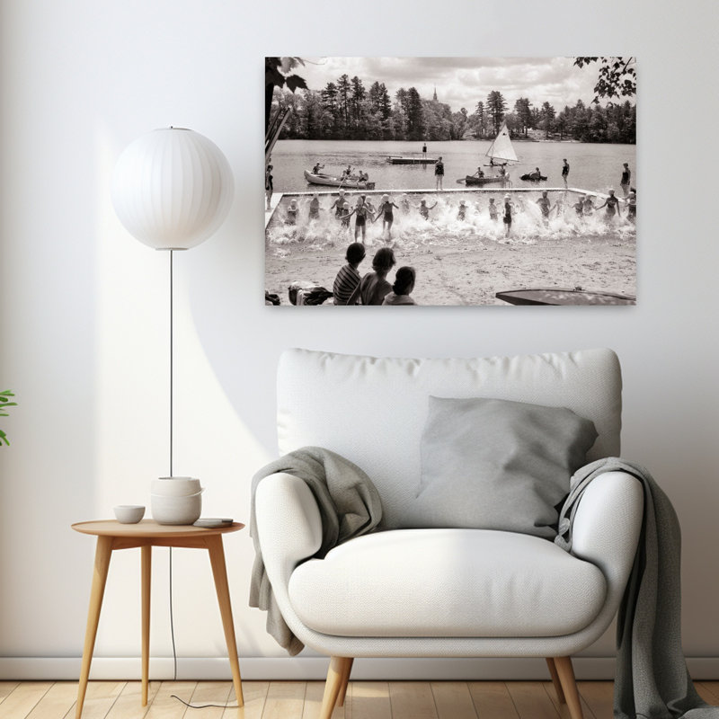 1950s 1960S, filles, courant dans le lac, éclaboussant l'eau, camp d'été, loisirs, natation et bateau, rétro, art mural rétro