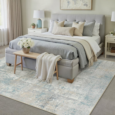 Tapis moderne lavable abstrait bleu