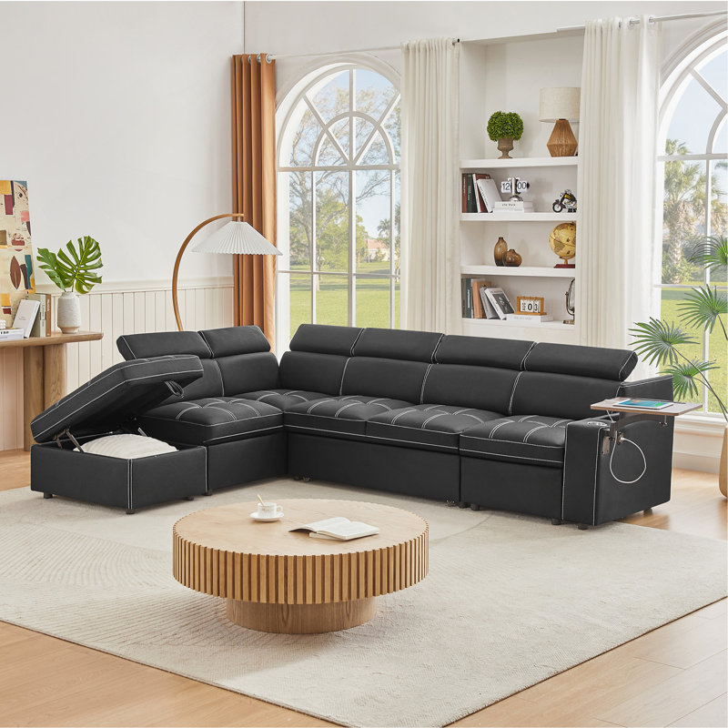 Black Fabric Sectional Sofa with Storage Ottoman