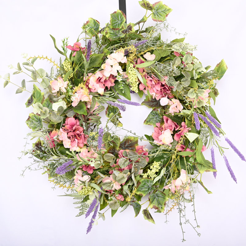 26" Faux Hydrangea Spring Summer Floral Wreath for Front Door