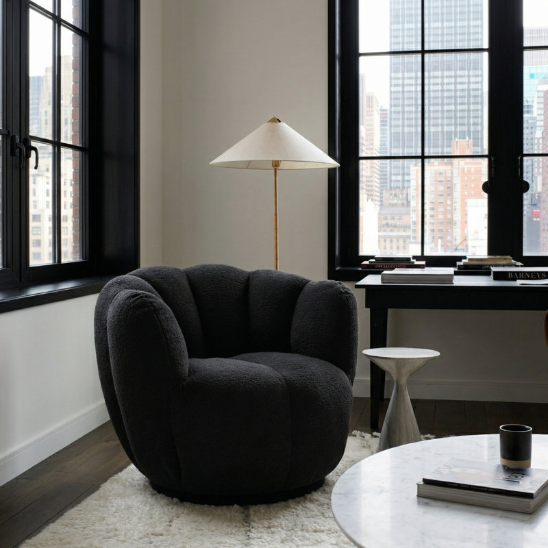 Alivya Upholstered Swivel Barrel Chair, Black