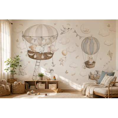 Papier peint fond blanc avec montgolfière