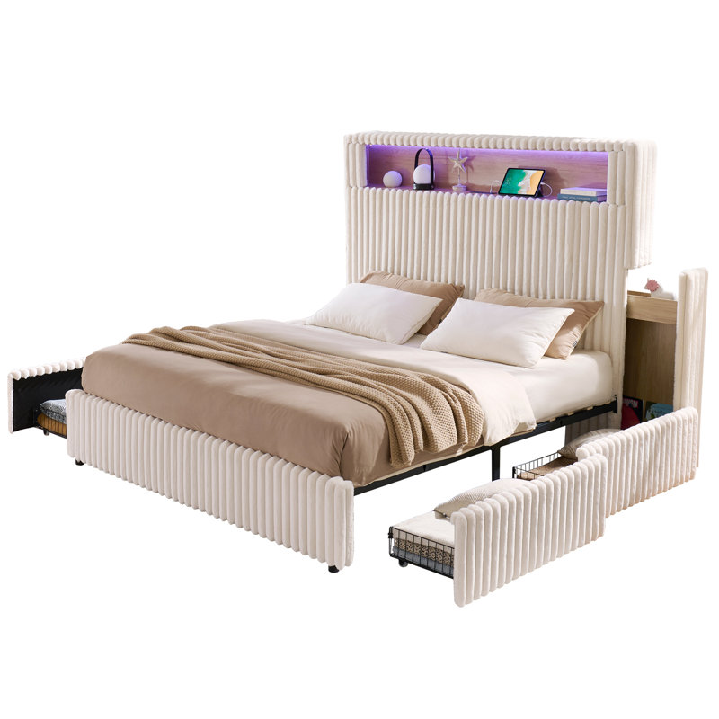 Smart Upholstered Bed Frame, Cream, Queen