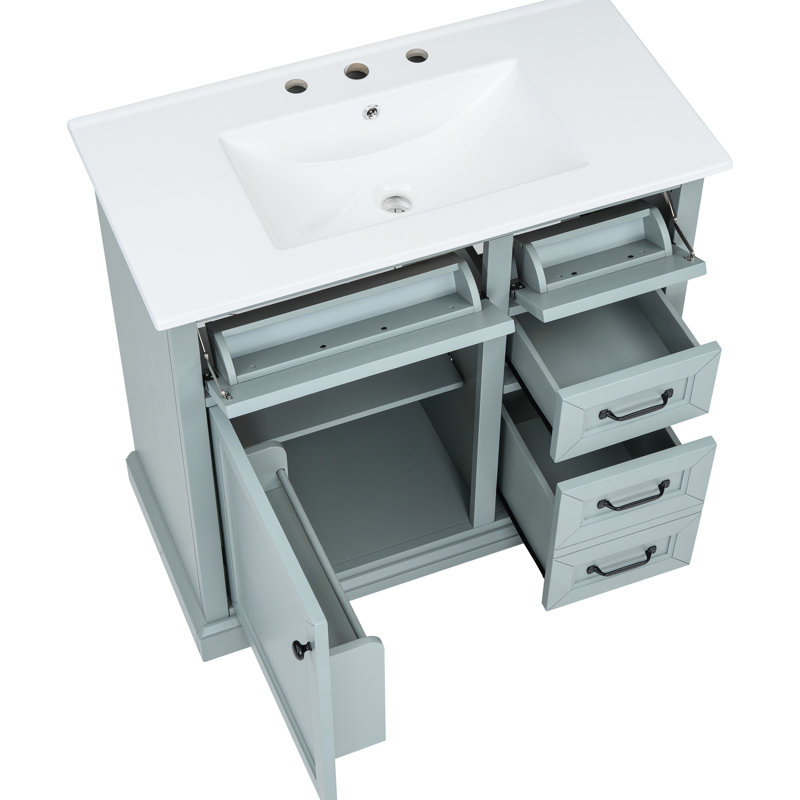 Lavabo de salle de bain 36 po, 4 pièces, lavabo à charnière de porte silencieuse, 4 tiroirs, Gris, 36"