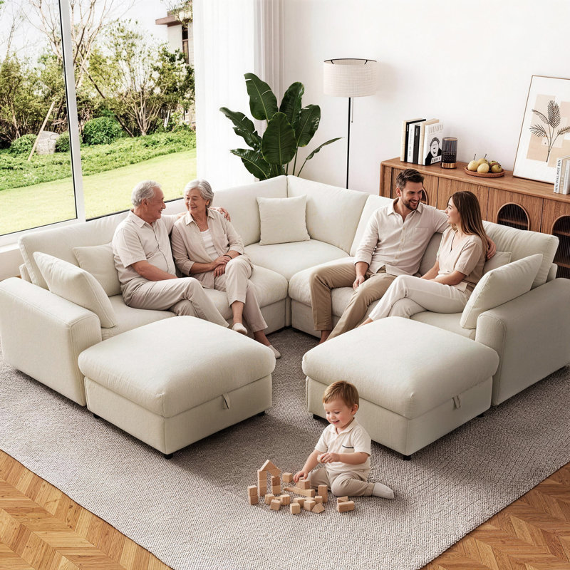Canapé d'angle modulaire Cloud 5 places en chenille moderne de 107 pouces avec deux poufs de rangement, Chenille beige