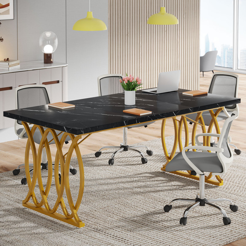 Executive Desk, 63" W Large Computer Desk, Gold, Black Marble