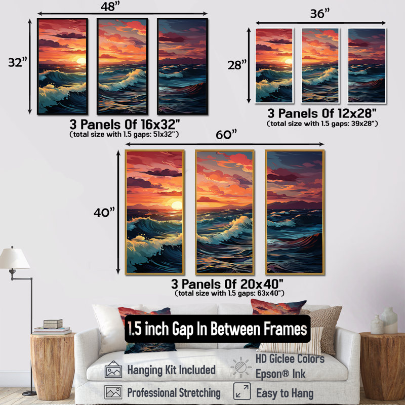 Rainbow Beach Sunset II - Ensemble de décoration murale océan, Cadre flottant doré, H 40 po x l 60 po x P 1 po