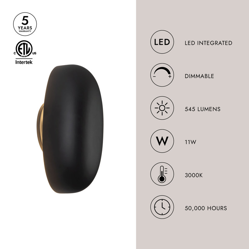Perle 10-in Black dimmable LED Wall Sconce, Antique Brass