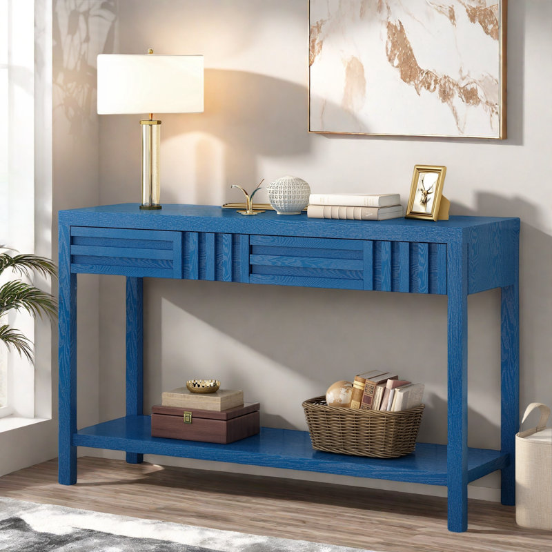 Modern Console Table With Striped Design, 2 Drawers And 2-tier Design, Navy