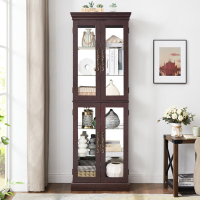 Armoire éclairée en verre avec poignée rétro et teinte cerisier foncé - 72,52 po Tablette de cuisine haute éclairée de couleur mobile