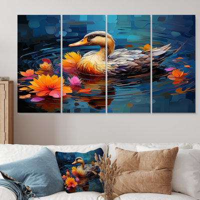 Yellow And Blue Duck By The Floral Pound I - Duck 4 Piece Wall Art Set