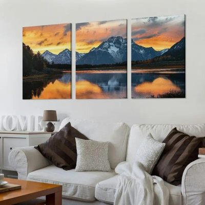 Grand Teton Sunset & Oxbow Bend Canvas Wall Art - Pine Wood Framed, Spray-Painted Nature Landscape Posters for Living Room and Office Decor, Snake River Scenery, Wyoming Painting, Mountain Wall Art, Scenery Theme, Artistic Decoration Style, Winter
