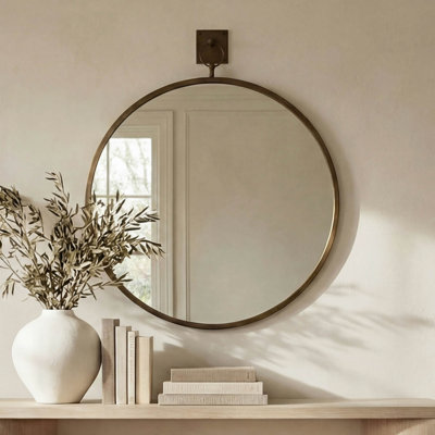 Miroir, rond, cadre en fer, panneau arrière en panneau de fibres à densité moyenne, profil transitionnel Heritage, laiton vieilli