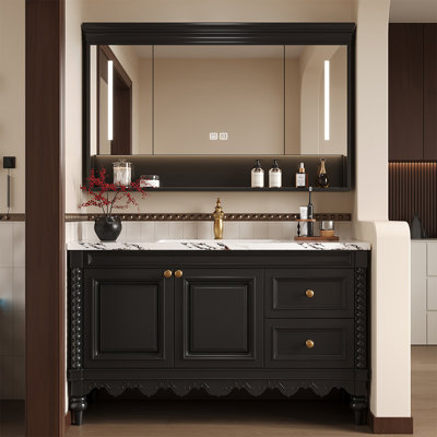 Meuble-lavabo autoportant noir en bois d'hévéa massif avec comptoir en pierre frittée, lavabo en céramique et armoire à miroir Smart