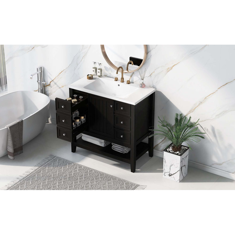 Ensemble de meuble-lavabo 36 po avec lavabo, une armoire et trois tiroirs, bois massif et panneau de fibres à densité moyenne