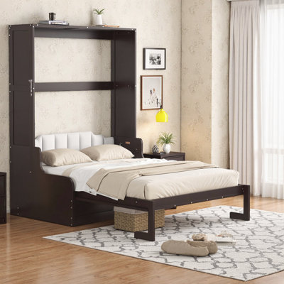 Espresso Queen Murphy Wall Bed Cabinet with Foldable Chair Cushion – Space Saving Furniture for Guest Rooms & Small Spaces