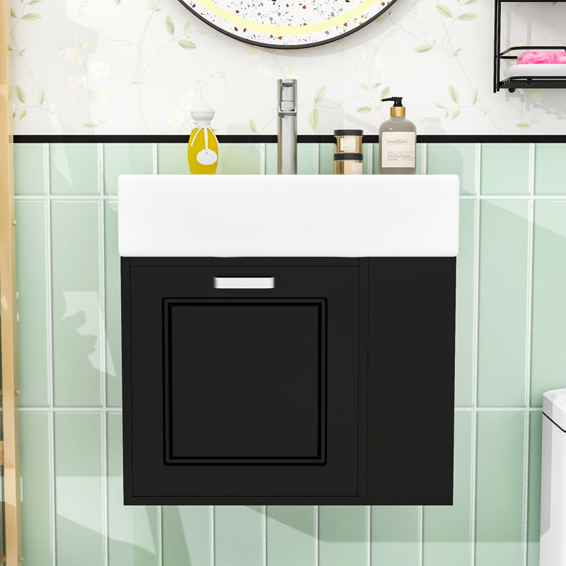Meuble-lavabo flottant avec lavabo en céramique, tiroir et tablettes réglables, Blanc