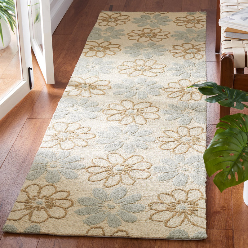 Tapis intérieur / extérieur ivoire / bleu clair crocheté à la main Doyle, Tapis de couloir 2 pi 3 po x 8 pi