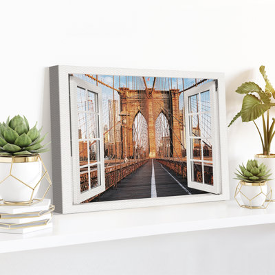 New York Brooklyn Bridge Window - Wrapped Canvas Print