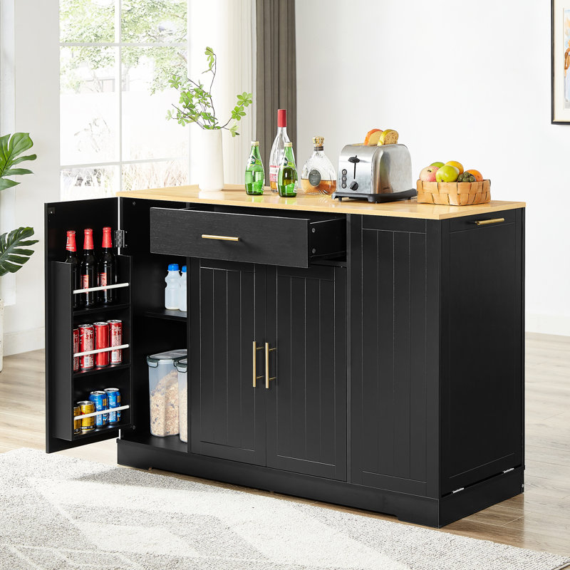 Îlot de cuisine 53 po noir et chêne, tiroir et tablettes réglables pour ustensiles, poubelle cachée, tiroir de rangement, tablettes, boîte, environnement propre