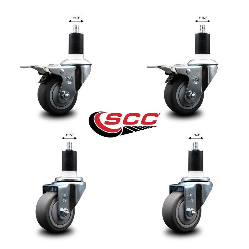Thermoplastic Rubber Swivel 1-1/2 Inch Expanding Stem Caster Set 2 Total Lock Brakes