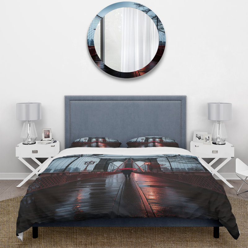 Ensemble de housse de couette New York Brooklyn Bridge I - rouge et gris - microfibre de polyester