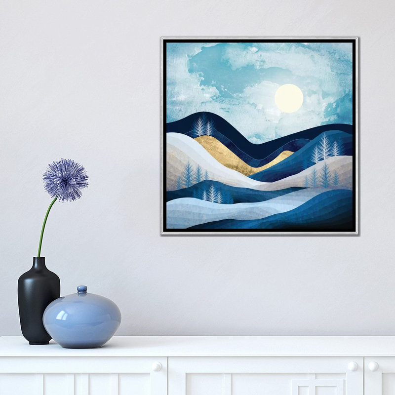 Moonlit Hills - impression d'art graphique, Pas de tapis, H 18 po x l 18 po x 1,5 po, Toile avec cadre argenté