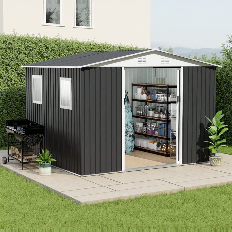 Grey Apex Roof Garden Shed with Windows,10x8/9x6, 10x8 FT
