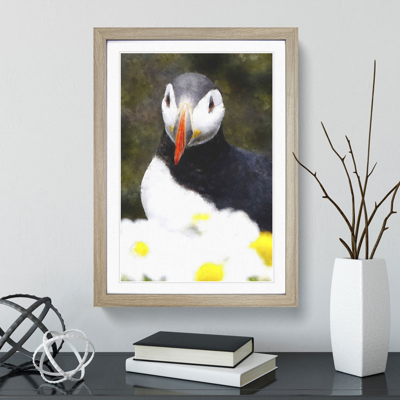 Atlantic Puffin Birds Vol.2 - Picture Frame Painting, Oak Framed, 65cm H x 48cm W x 2cm D