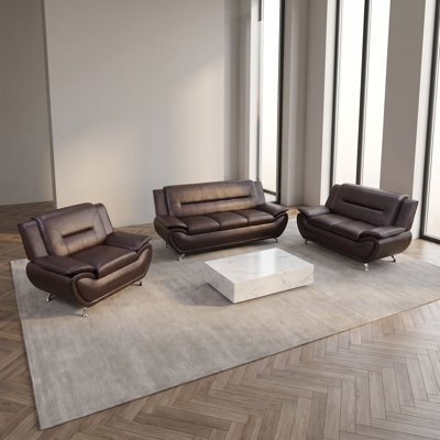 Dark Brown Modern Faux Leather 3-Piece Sofa Set, Solid Wood Frame High-Density Memory Foam, Contemporary Couch Set with Loveseat & Armchair for Living Room Office Reception