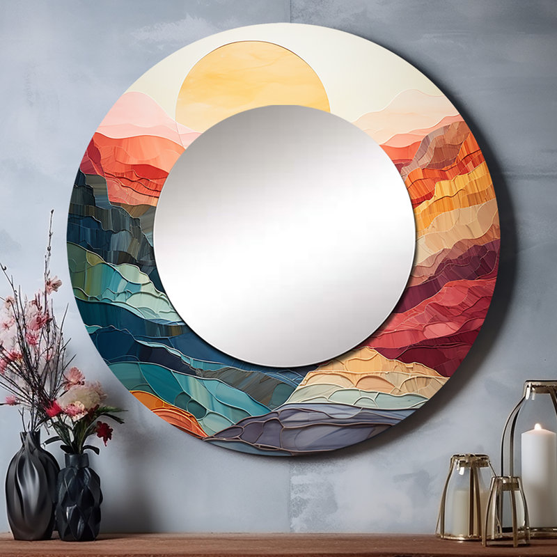 «Pastel Bold Sunset Landscape II - montagnes grand miroir, corail rond unique, décoration murale, impression sur métal