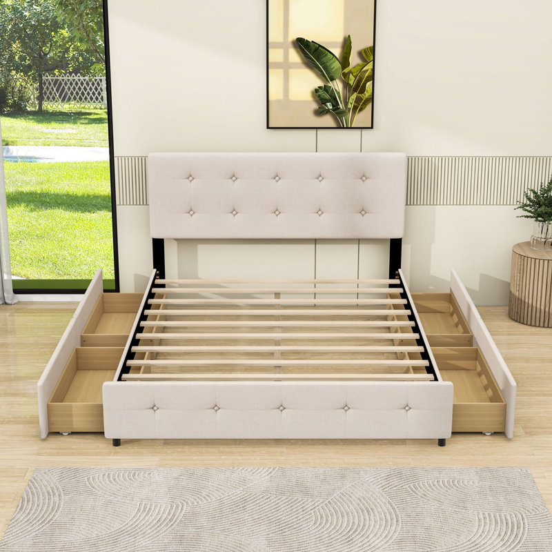 Queen Size Upholstered Platform Bed with Storage Drawers, Beige