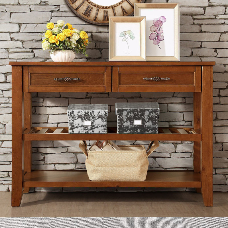 Ajada Wood Storage Console Table with 2 Storage Drawers and 2 Tiers Shelves, Brown