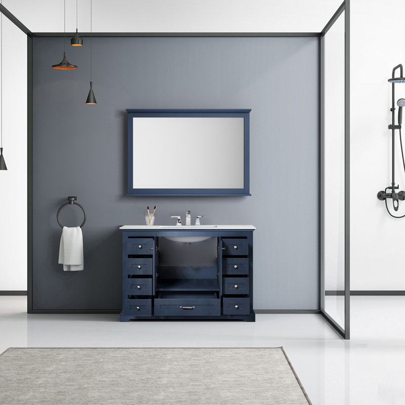 Dukes 48"  Single Vanity, Square Sink And 46" Mirror W/ Faucet, Navy Blue, White Carrara Marble