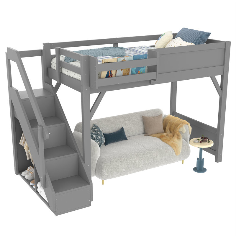 Twin Size Solid Wood Loft Bed with Built-in Wardrobe, Storage, Stairs & Guardrails, No Box Spring Needed, Gray, Gray, Twin